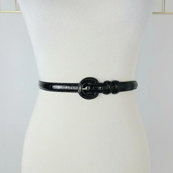 Vintage Ann Taylor Crocodile Embossed Leather Belt in Black, Gold Medium Ann Taylor Dress Belt Womens Size Small S Brown Crocodile  main image 2